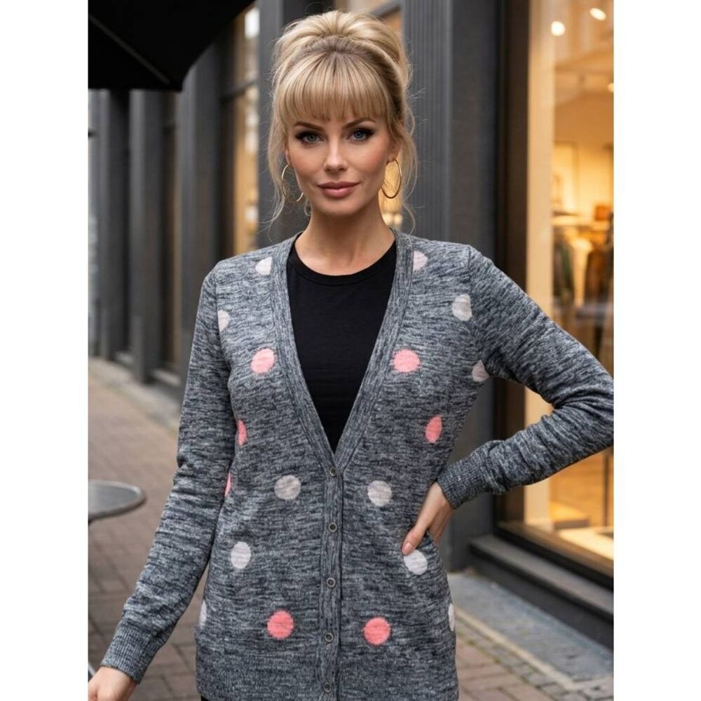 🔹️Madewell Gray & Pink Polka Dot Linen Blend Button Front Sweater XSmall